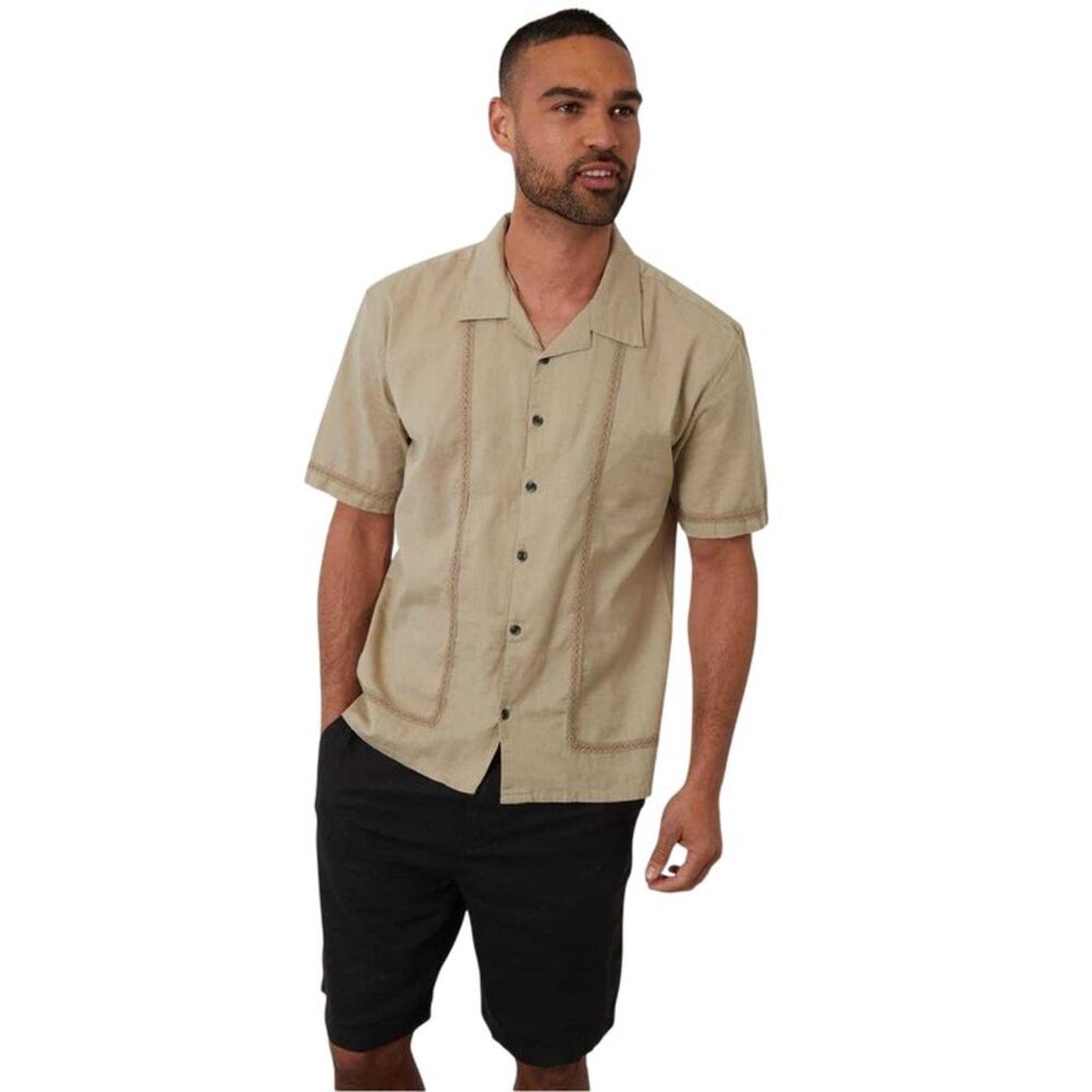Threadbare Mens Embroidered Collared Short-Sleeved Bowling Shirt / Stone